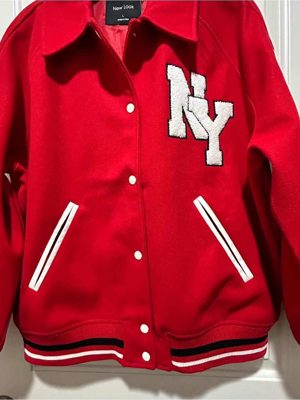 Forever 21 Red & White womens size L NY Varsity Jacket with White Accents NWT - Picture 3 of 7